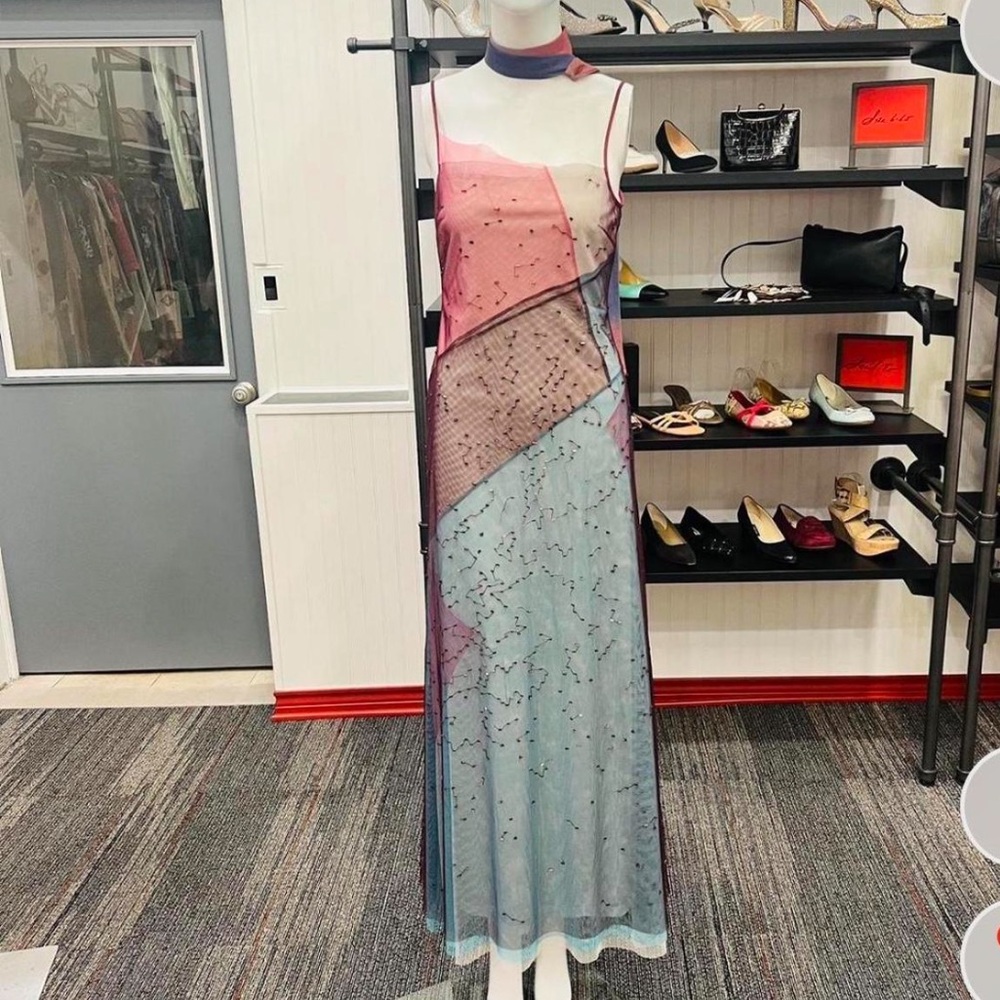 BCBGMaxAzria Pink and Light Blue Sheer Beaded Maxi Dress RARE kaleidoscope